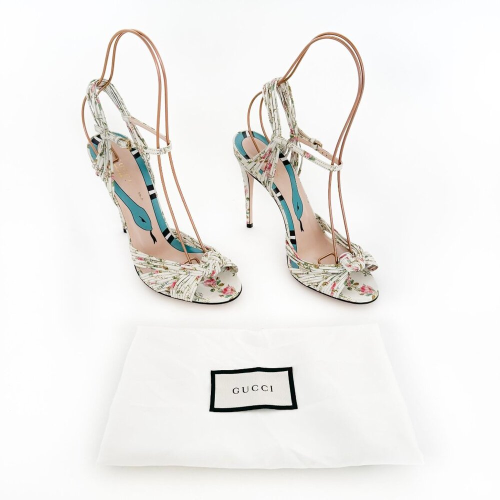 Gucci Floral Print Knot Front High Heel Sandals with Blue Insole
